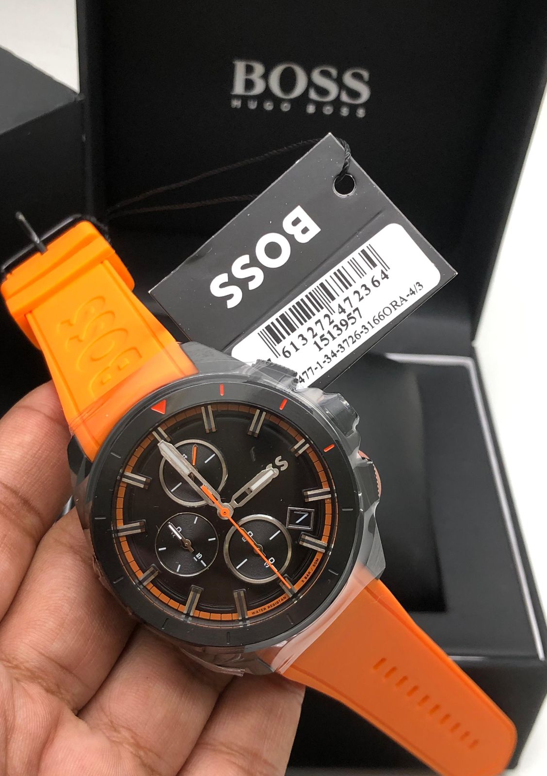 HUGO BOSS Volane Orange Silicone Strap Black Dial Chronograph Quartz Watch for Gents - 1513957