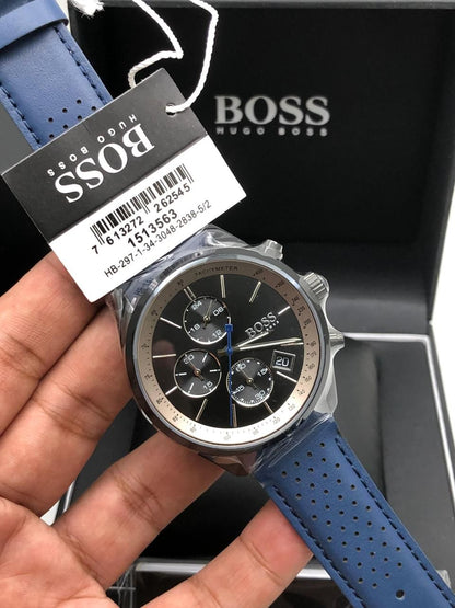 Hugo Boss Grand Prix Chronograph Black Dial Blue Leather Strap Watch for Men - 1513563