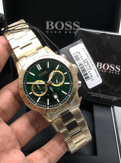 HUGO BOSS Allure Gold Stainless Steel Green Dial Chronograph Quartz Watch for Gents - 1513923