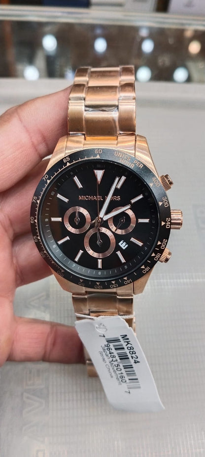 Michael Kors Layton Chronograph Black Dial Rose Gold Steel Strap Watch For Men - MK8824