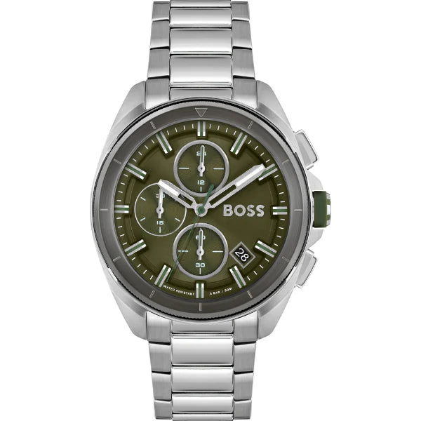 HUGO BBOSS Volane Silver Stainless Steel Green Dial Chronograph Quartz Watch for Gents - 1513951