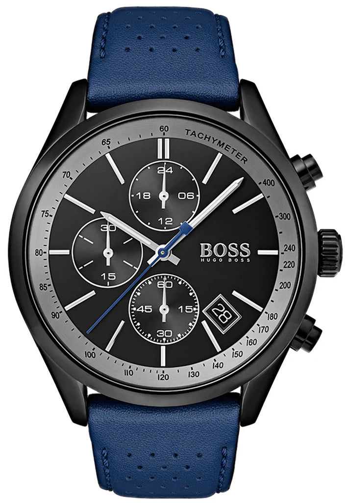 Hugo Boss Grand Prix Chronograph Black Dial Blue Leather Strap Watch for Men - 1513563