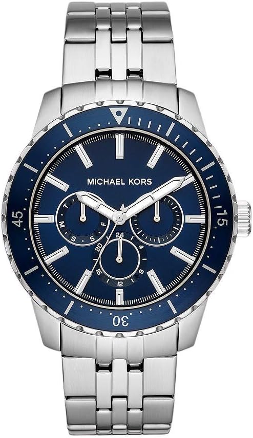 Michael Kors MK7153 Metal Blue-Dial Round Analog Watch for Men - Silver, bracelet