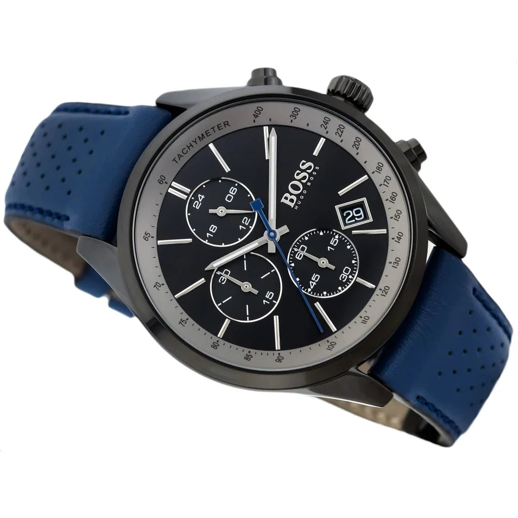 Hugo Boss Grand Prix Chronograph Black Dial Blue Leather Strap Watch for Men - 1513563