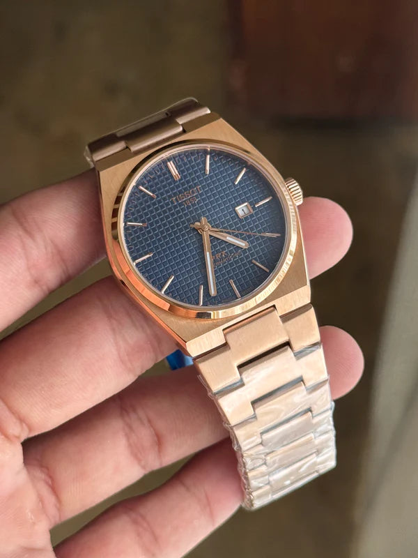 TISSOT PRX ROSE GOLD BLUE DIAL TEXTURE